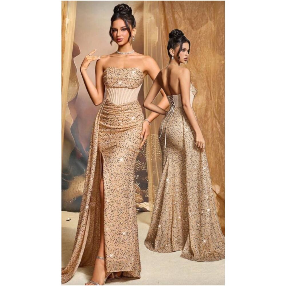 House of Jovelle Evening Gown Dress Women 6 Gold Sequin Strapless Formal Elegant